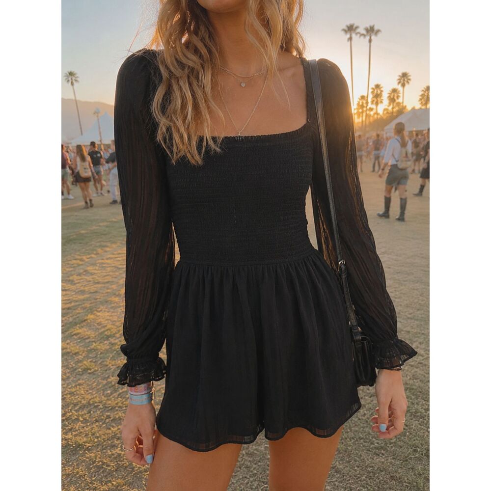 Abercrombie & Fitch Black Smocked Sheer Sleeve Romper XS Glitter Stripe